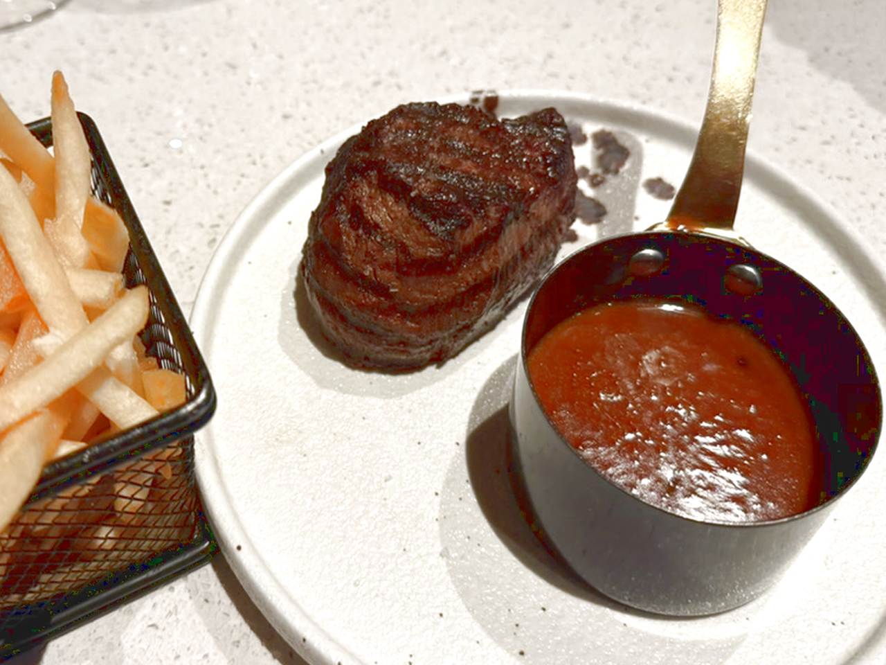 steak-3 Beef fillet with s green peppercorn sauce and veal jus, Bellazul